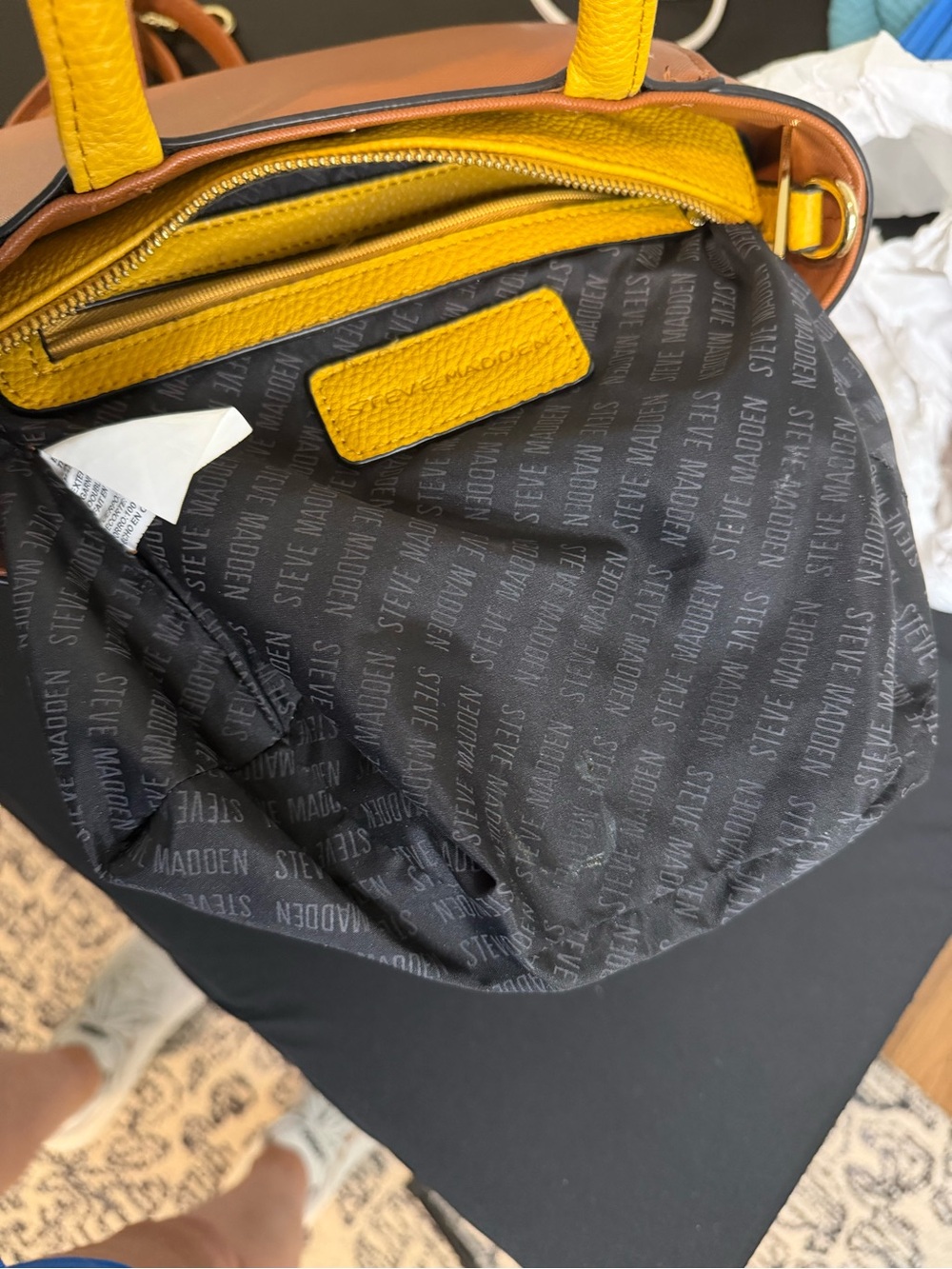 Steve Madden Tan Satchel with Yellow Top Handle and Floral Scarf - Picture 8 of 10